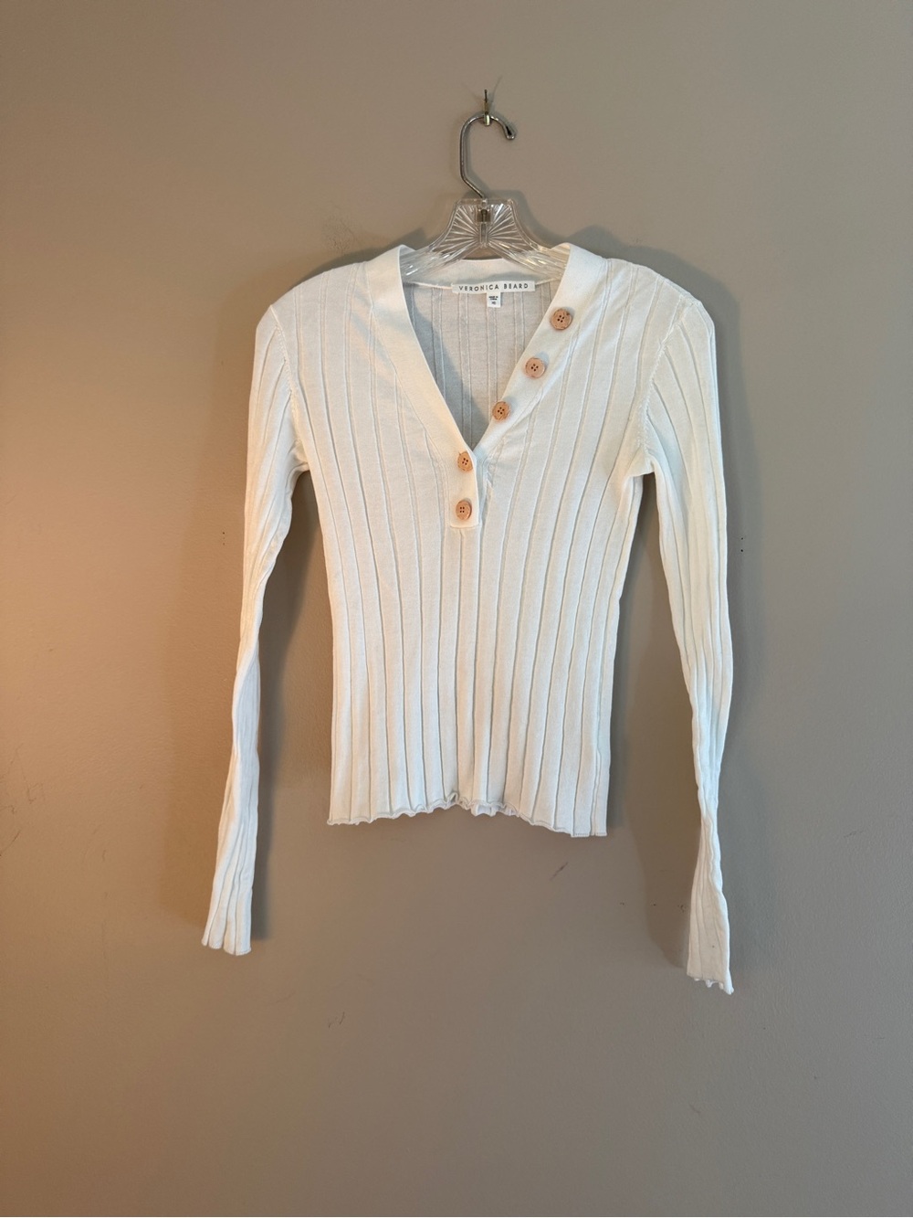 Veronica Beard XS White Ribbed Long Sleeve Knot top Button Detail